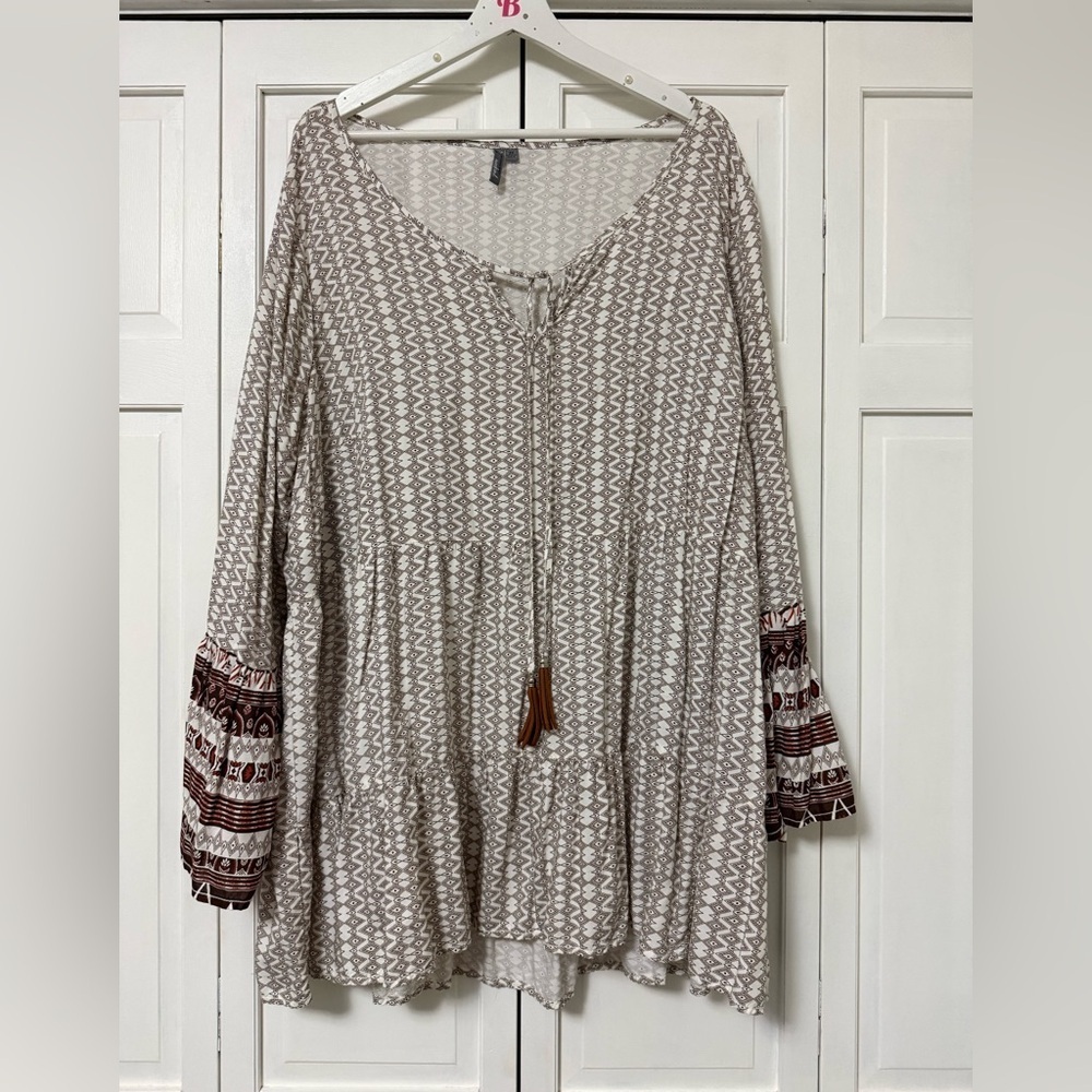 New Directions Geometric Tunic Cream Brown Lagenlook Boho Cottagecore Prairie 2X - Picture 1 of 9